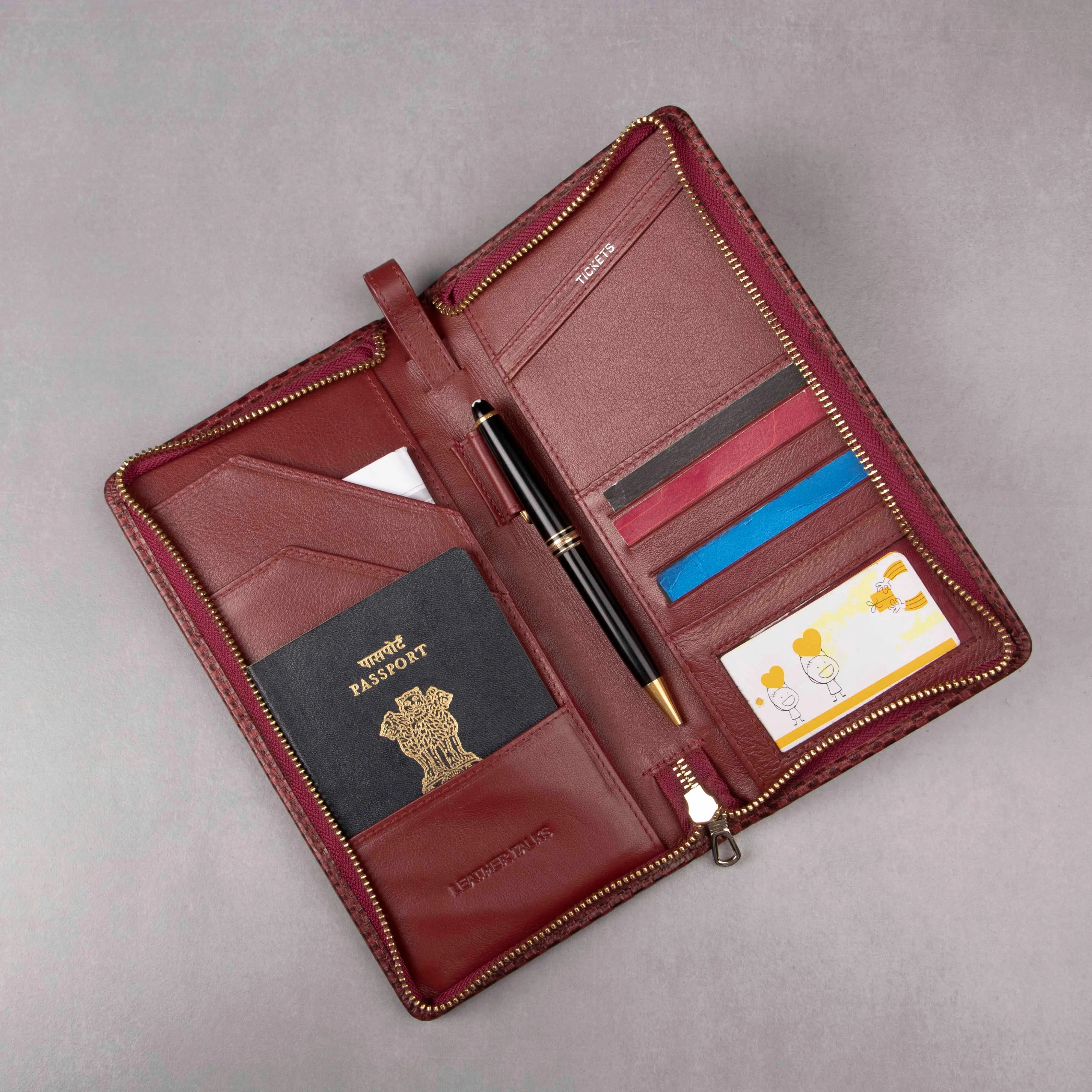 Full Zip Passport Travel Wallet For Women | 100% Genuine Leather | Color: Brown & Cherry