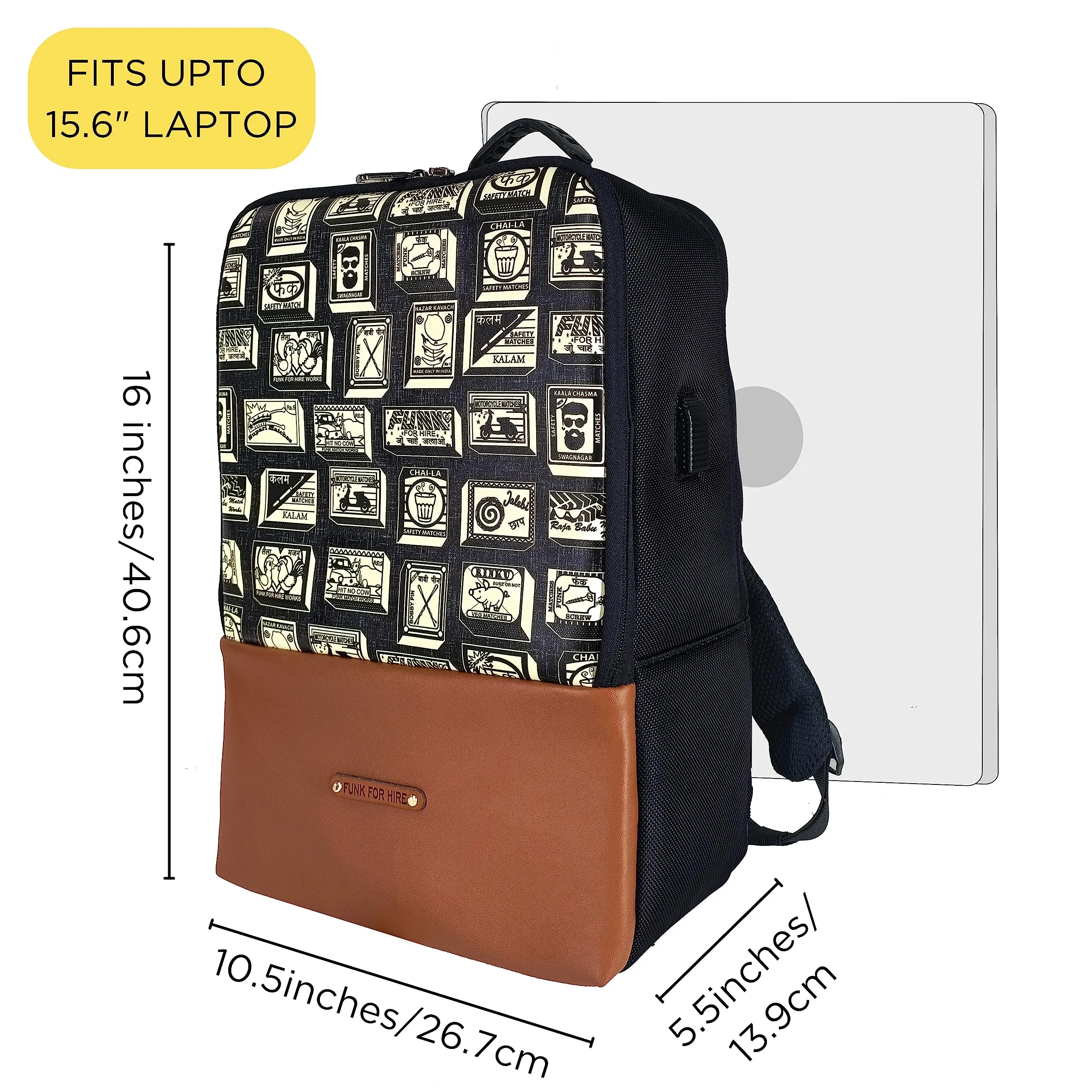 Funk For Hire Printed Leatherette 15.6" inch Laptop Backpack with USB Charging Port - Grey and Black