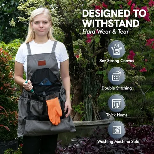 Gardening Apron with Pockets for Women & Men - Garden Apron 7 Pockets & Internal Drawstring Bag - Great Gift for Gardener (Grey Pumpkin)