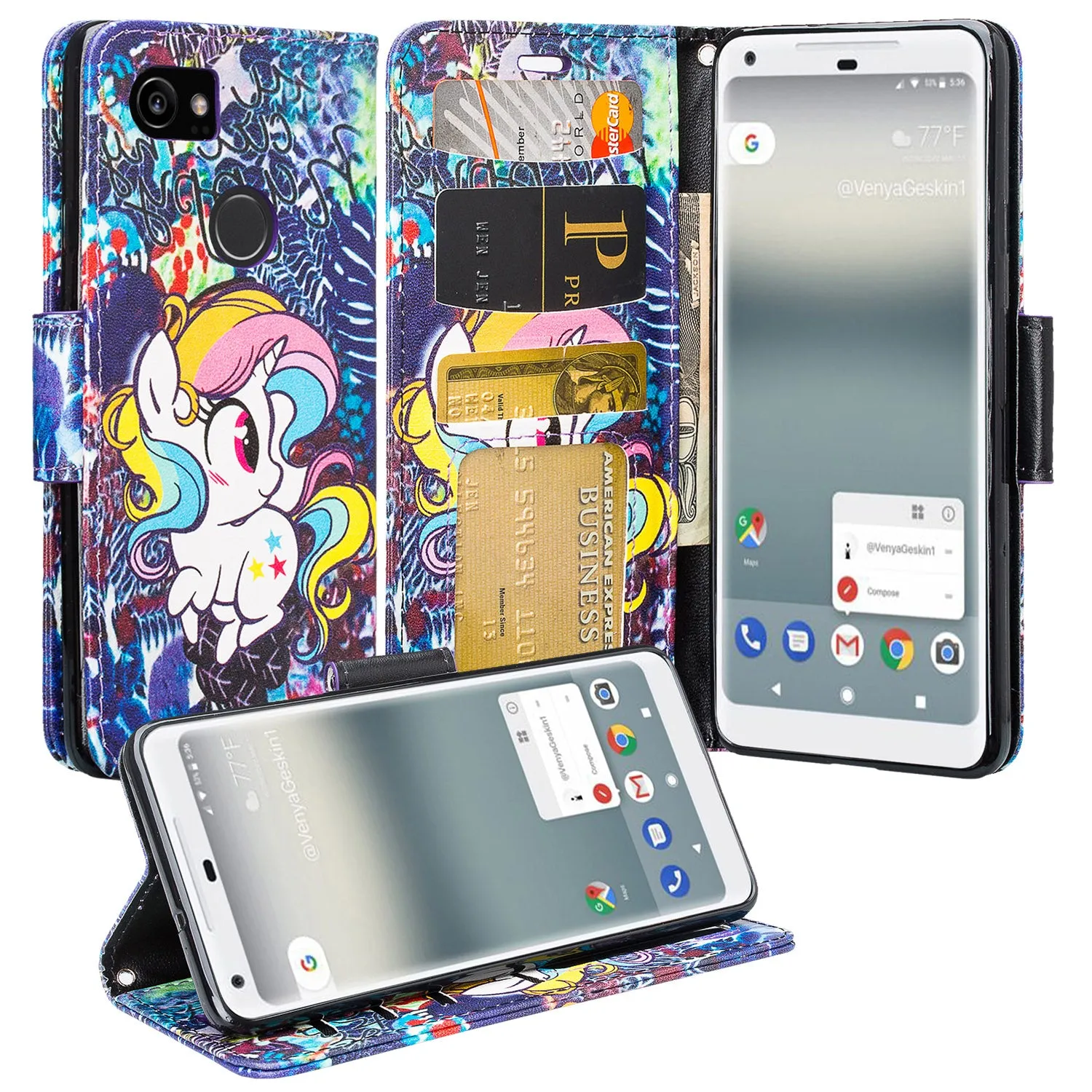 Google Pixel 2 XL Case, Pixel 2 XL Case, Slim Flip Folio [Kickstand] Pu Leather Wallet Case with ID & Card Slots & Pocket   Wrist Strap - Rainbow Unicorn