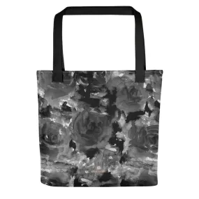 Gray Floral Tote Bag, Abstract Rose Flower Print Designer 15"x15" Bag-Made in USA/EU