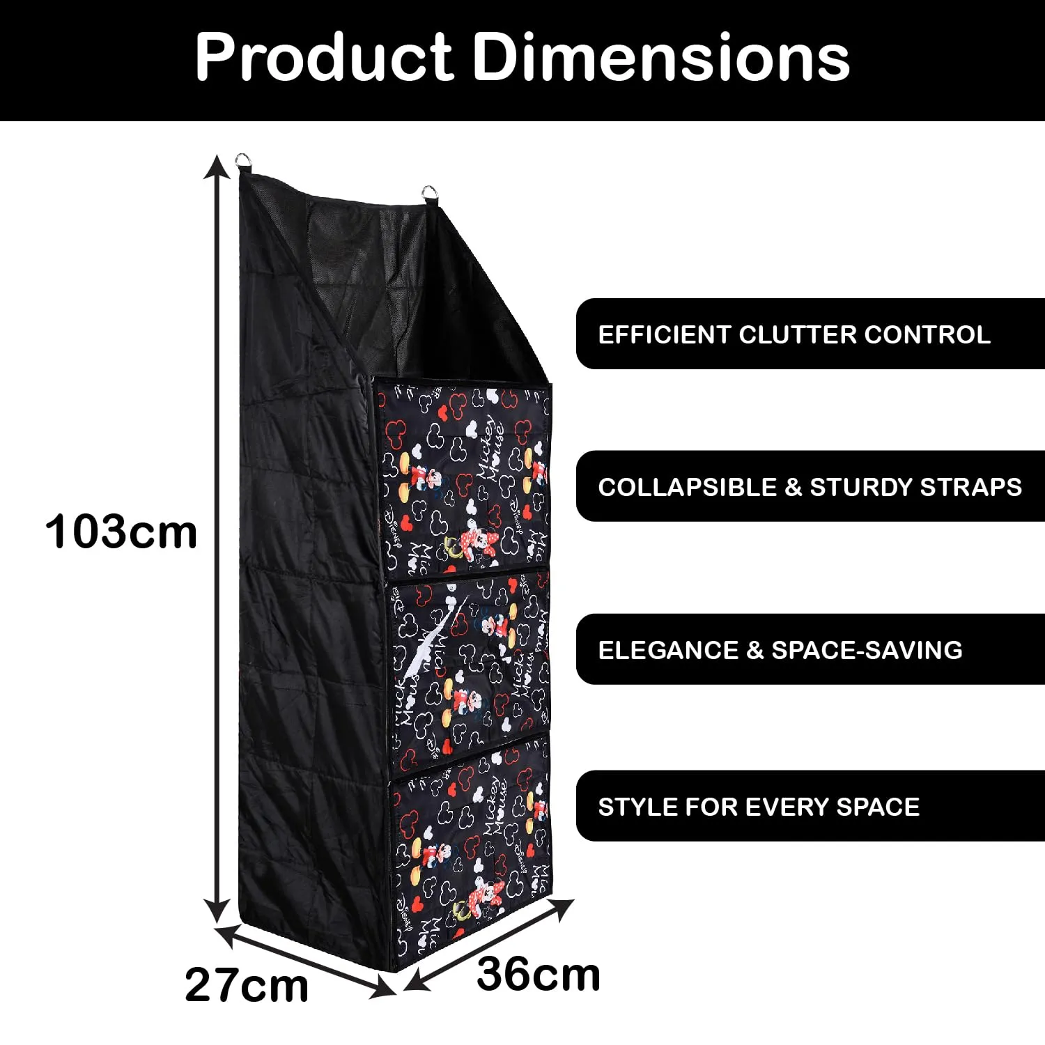 Heart Home Disney Mickey Almirah | Parachute Wardrobe Organizer | Hanging Cloth Organizer | 4 Compartments Storage Almirah | Hanging Wall Almirah | Black