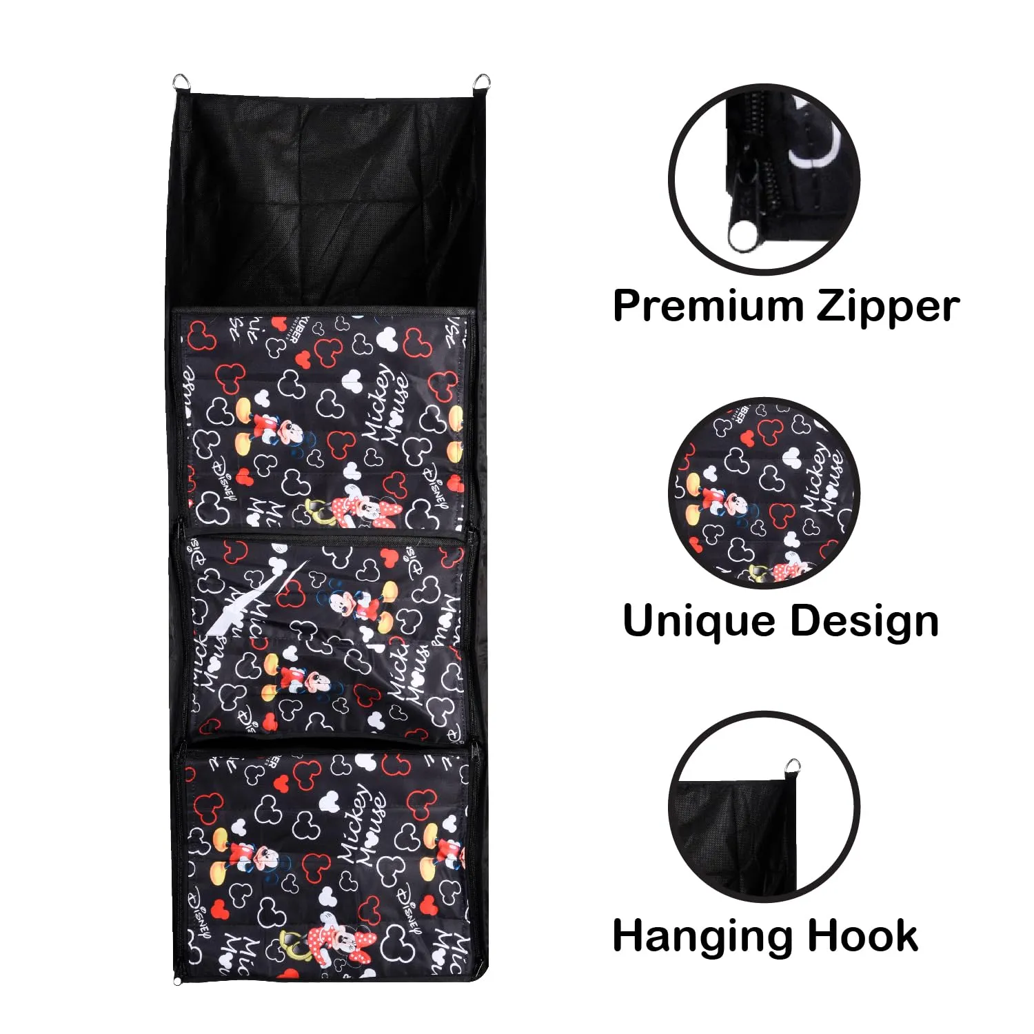 Heart Home Disney Mickey Almirah | Parachute Wardrobe Organizer | Hanging Cloth Organizer | 4 Compartments Storage Almirah | Hanging Wall Almirah | Black