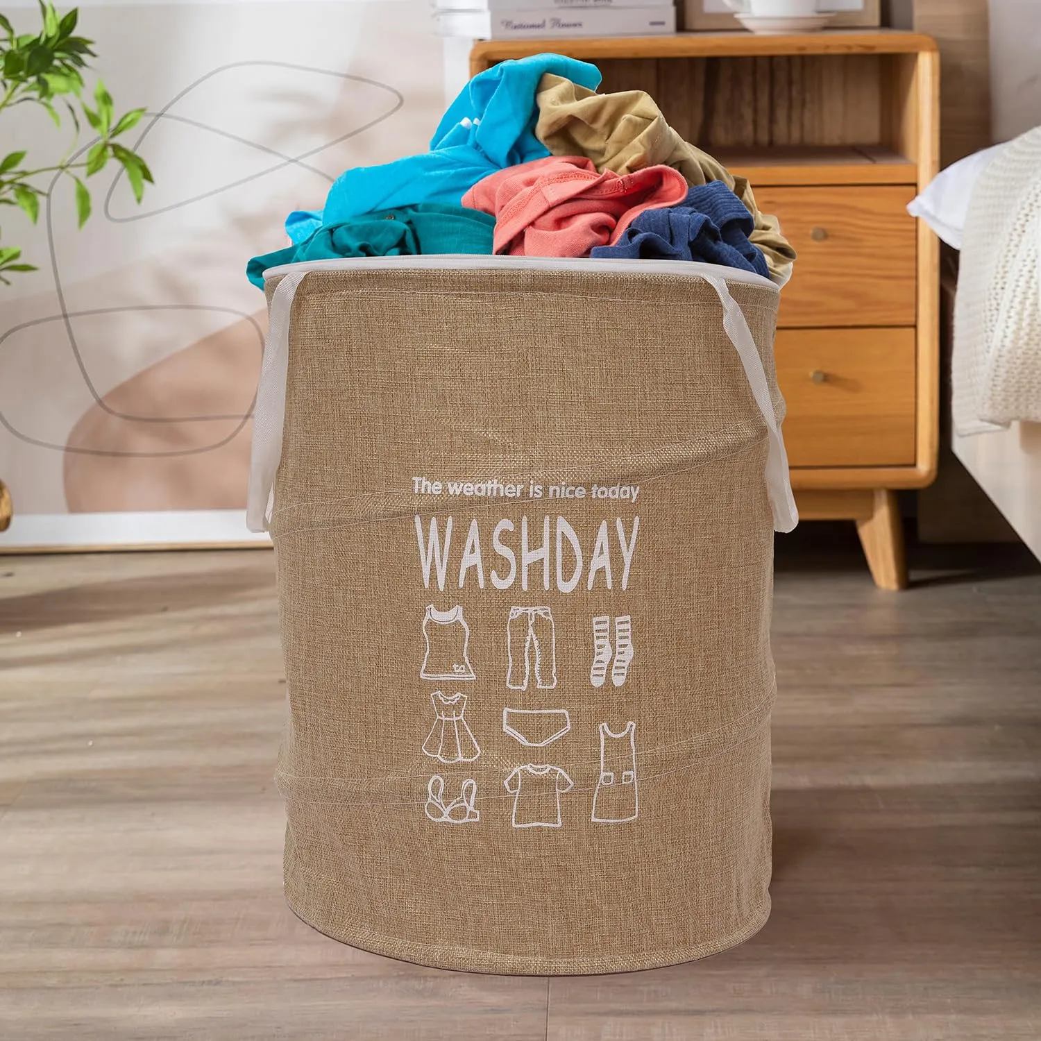 Kuber Industries Laundry Basket | Round Foldable Laundry Basket | Jute Storage Bag with Button Handles | Clothes Basket for Home | Toy Storage Basket | 45 LTR | Pack of 2 | Beige