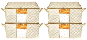 Kuber Industries Metalic Checkered Print Foldable Clothes Storage Bag Wardrobe Organizer Non Woven Fabric for Comforters,Blankets,Bedding with Sturdy Zipper,Clear Window (Set of 4,Ivory)-KUBMART16588