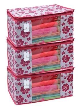 Kuber Industries Non-Woven Foldable Saree Covers With Zip|Non Woven Clothes Organiser For Wardrobe |Floral Print With Transparent Window|Suitable For Lehenga, Suit, Dress|Pack Of 3 (Pink)