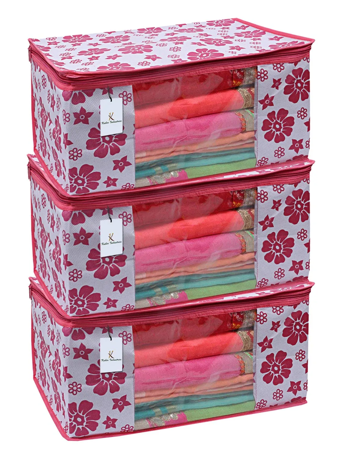 Kuber Industries Non-Woven Foldable Saree Covers With Zip|Non Woven Clothes Organiser For Wardrobe |Floral Print With Transparent Window|Suitable For Lehenga, Suit, Dress|Pack Of 3 (Pink)