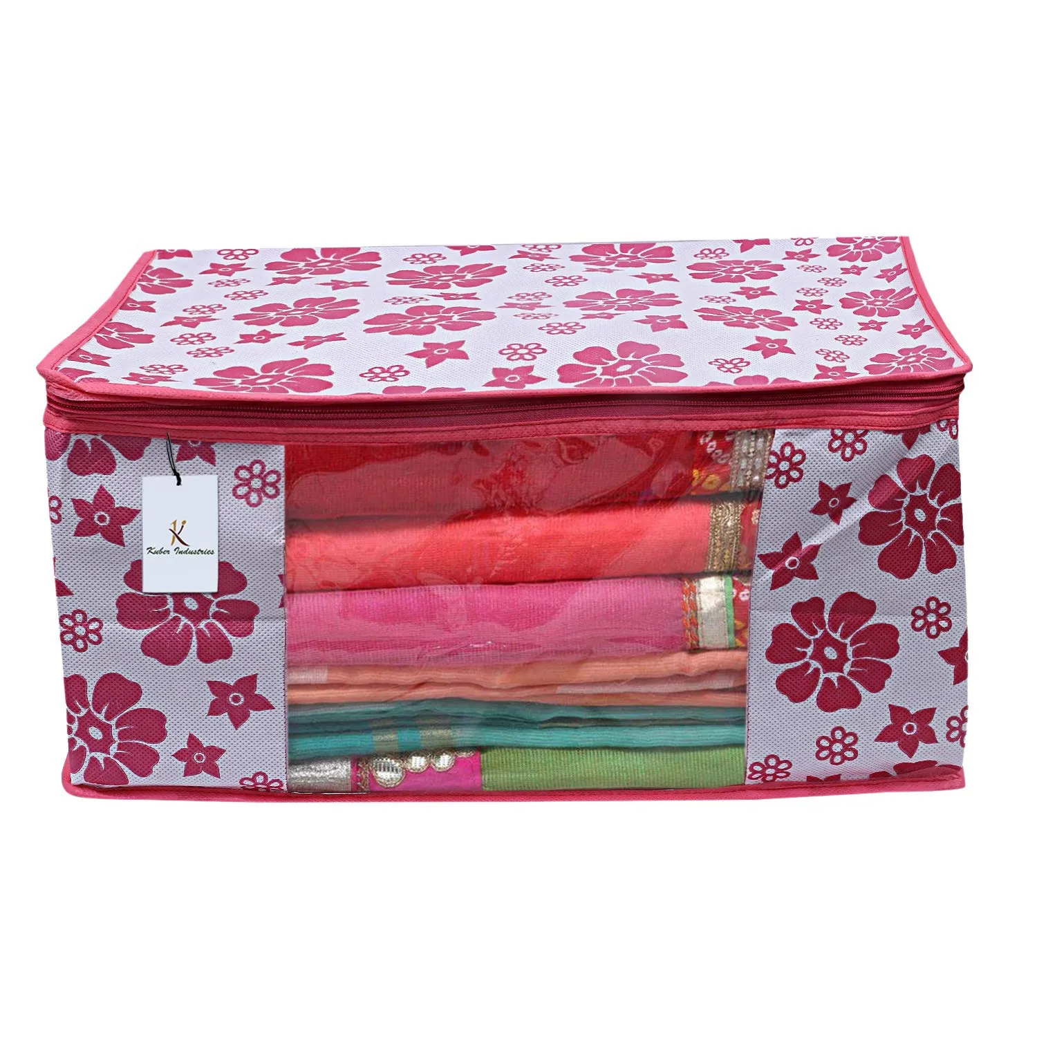 Kuber Industries Non-Woven Foldable Saree Covers With Zip|Non Woven Clothes Organiser For Wardrobe |Floral Print With Transparent Window|Suitable For Lehenga, Suit, Dress|Pack Of 3 (Pink)