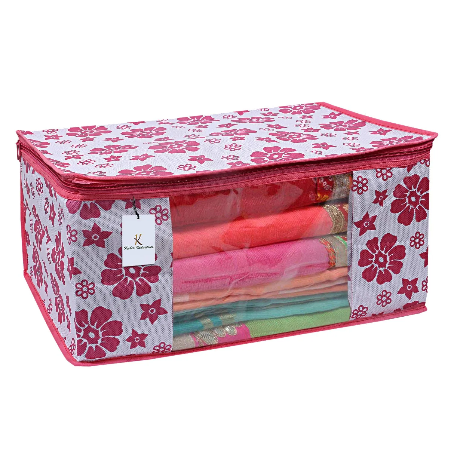 Kuber Industries Non-Woven Foldable Saree Covers With Zip|Non Woven Clothes Organiser For Wardrobe |Floral Print With Transparent Window|Suitable For Lehenga, Suit, Dress|Pack Of 3 (Pink)