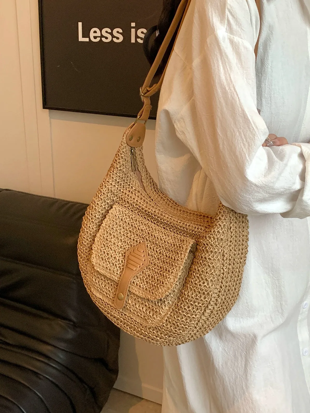 Latch Pocket Straw Shoulder Bag