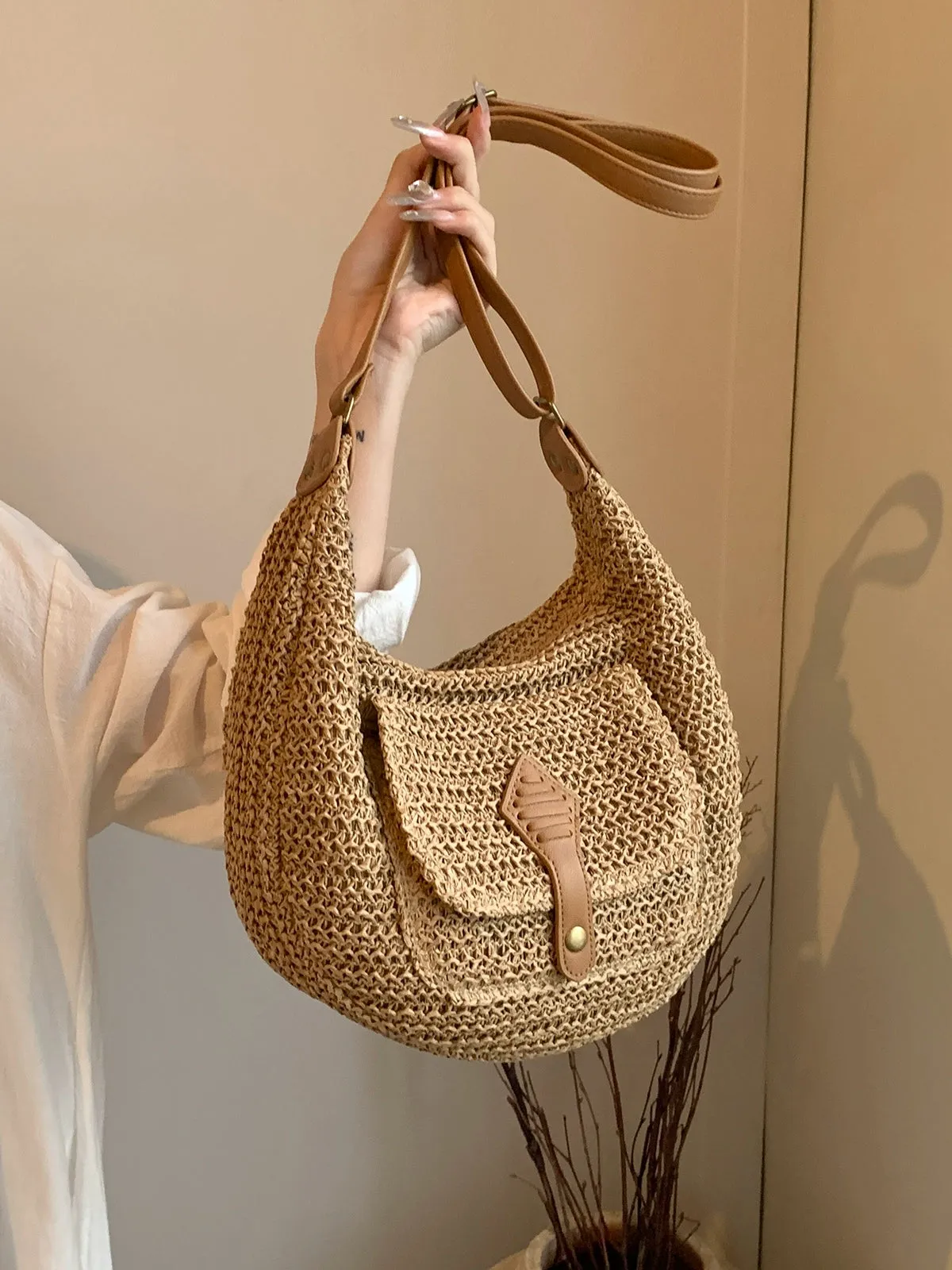 Latch Pocket Straw Shoulder Bag