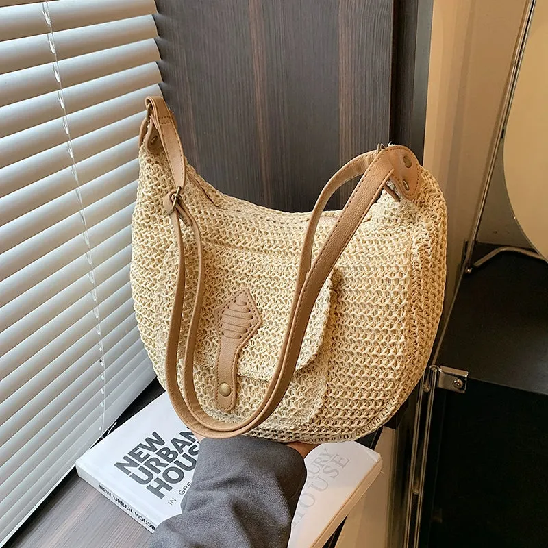 Latch Pocket Straw Shoulder Bag