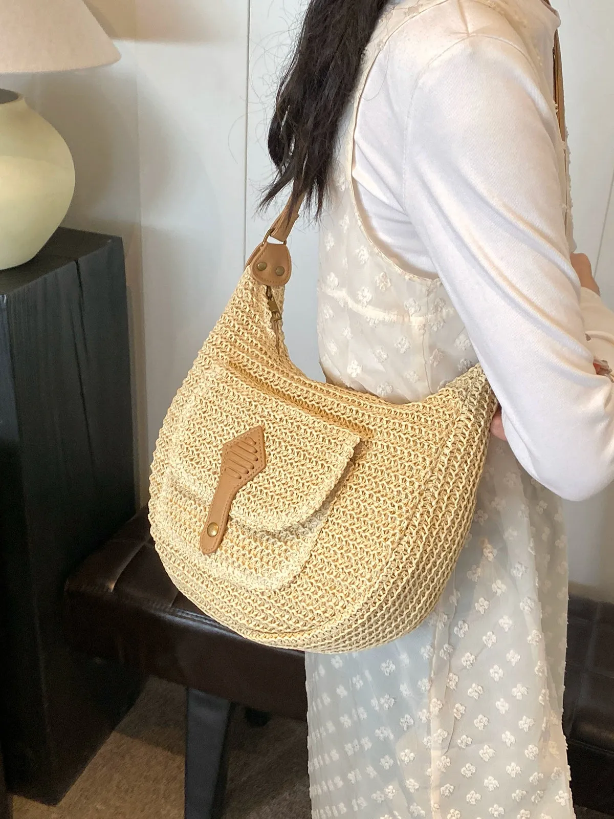 Latch Pocket Straw Shoulder Bag