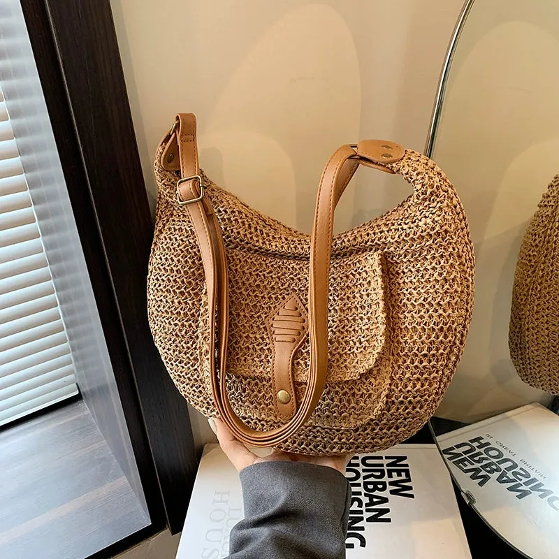 Latch Pocket Straw Shoulder Bag