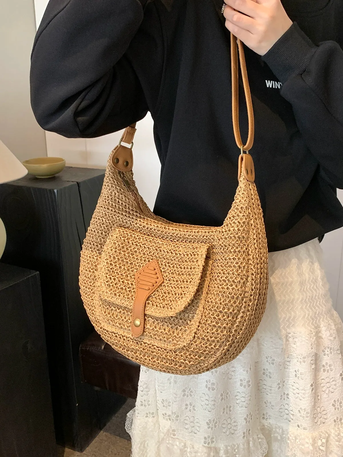 Latch Pocket Straw Shoulder Bag