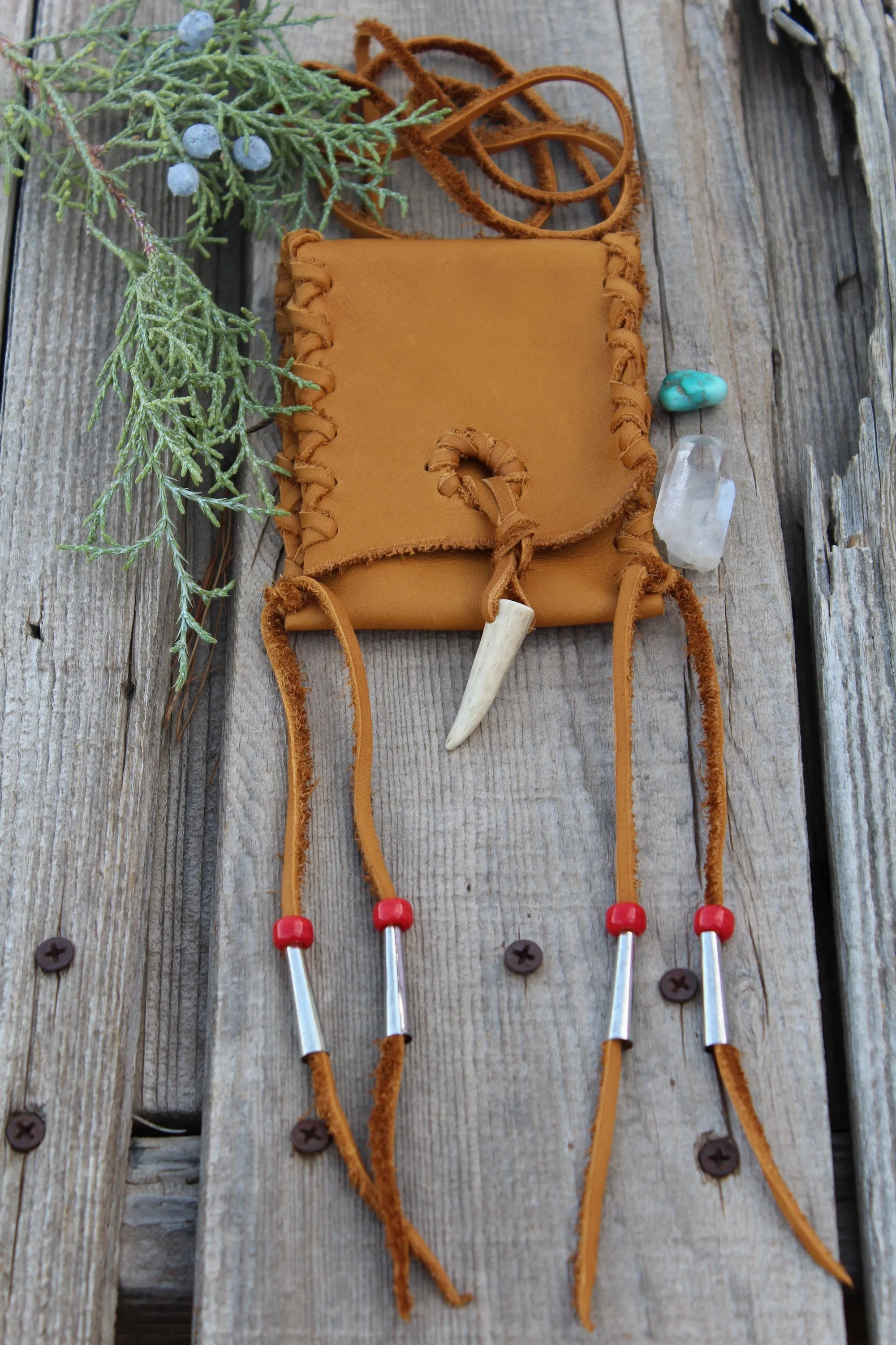 Leather necklace bag, medicine bag