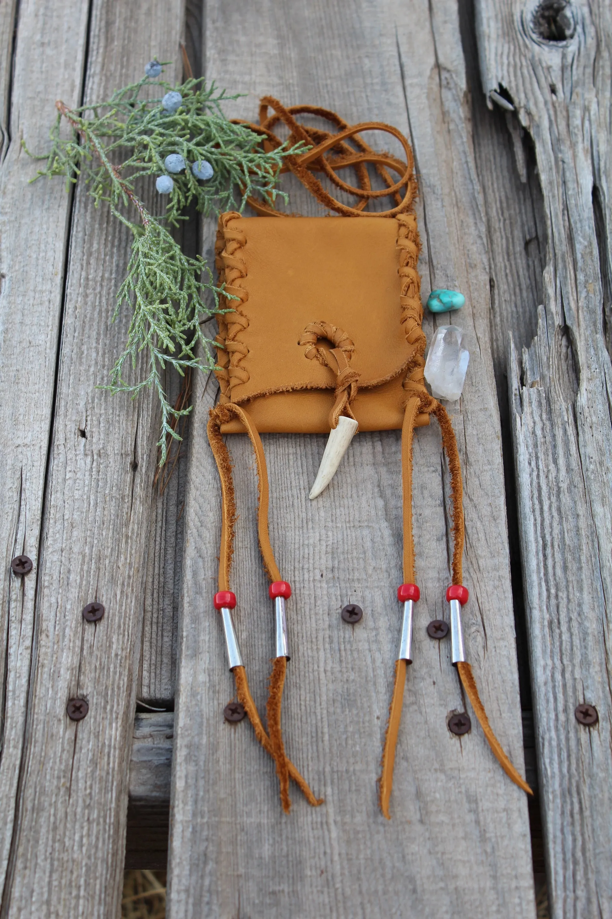 Leather necklace bag, medicine bag