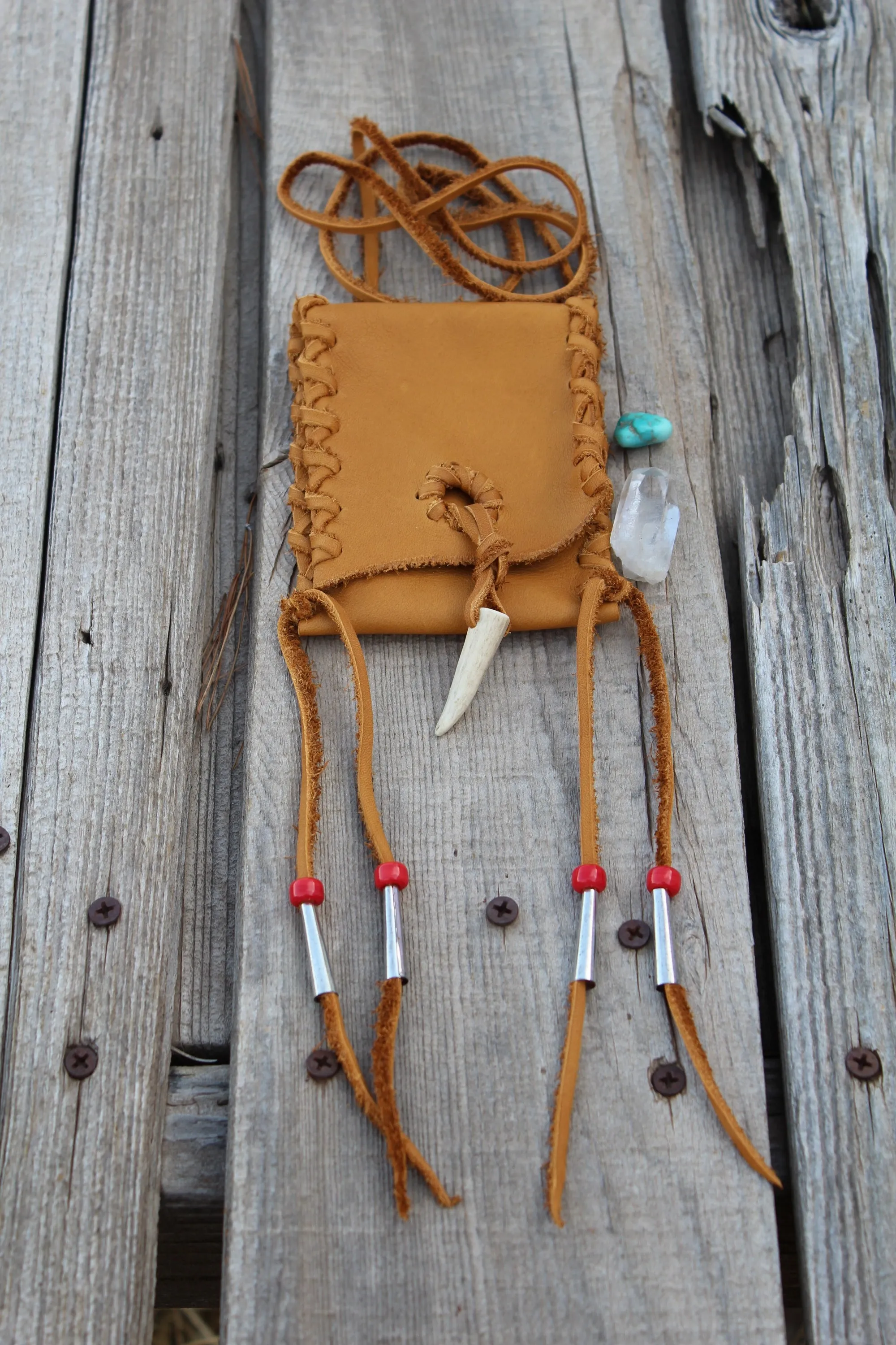 Leather necklace bag, medicine bag