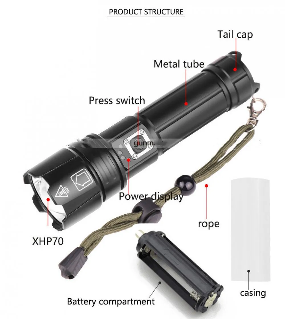 LED Flashlights Rechargeable, Zoomable Flashlights with High Lumens and 5 Modes for Emergency and Outdoor Use -Camping Accessories (XHP70 )