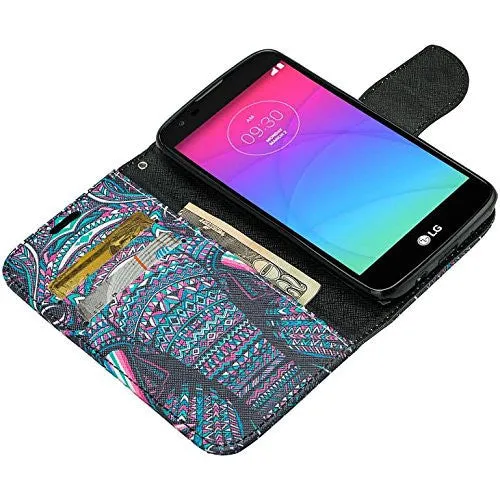 LG Leon LTE Case | Lg Tribute 2 Case | LG Power | LG Sunset | LG Destiny | LG Risio Case, Wallet Case, Wrist Strap [Kickstand] Pu Leather Wallet Case with ID & Credit Card Slots - Tribal Elephant