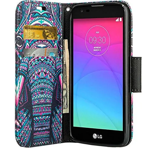 LG Leon LTE Case | Lg Tribute 2 Case | LG Power | LG Sunset | LG Destiny | LG Risio Case, Wallet Case, Wrist Strap [Kickstand] Pu Leather Wallet Case with ID & Credit Card Slots - Tribal Elephant