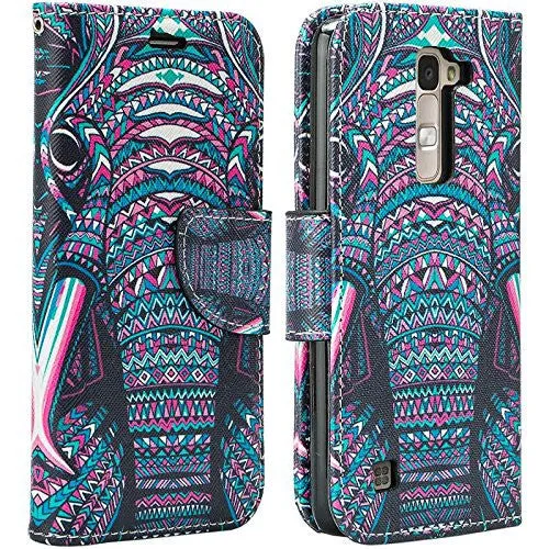 LG Leon LTE Case | Lg Tribute 2 Case | LG Power | LG Sunset | LG Destiny | LG Risio Case, Wallet Case, Wrist Strap [Kickstand] Pu Leather Wallet Case with ID & Credit Card Slots - Tribal Elephant