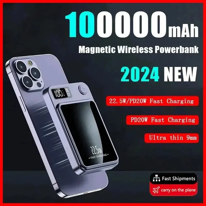 magnetic wireless charger  100000mAh Power Bank Wireless Charger Magnetic Digital Display Fast Charging Thin And Portable External Battery Free Shiping