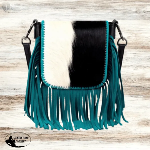 Montana West Genuine Leather Hair-On Collection Fringe Crossbody / TURQUOISE