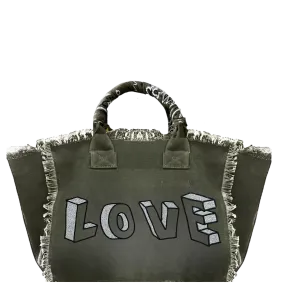 Olive Love Blocks Fringe Canvas Bag