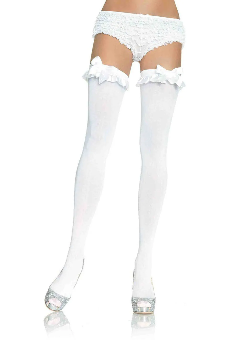 Opaque Thigh Highs With Satin Ruffle Trim and Bow