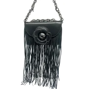 Oscar de la Renta Black Leather Fringe Tro Bag