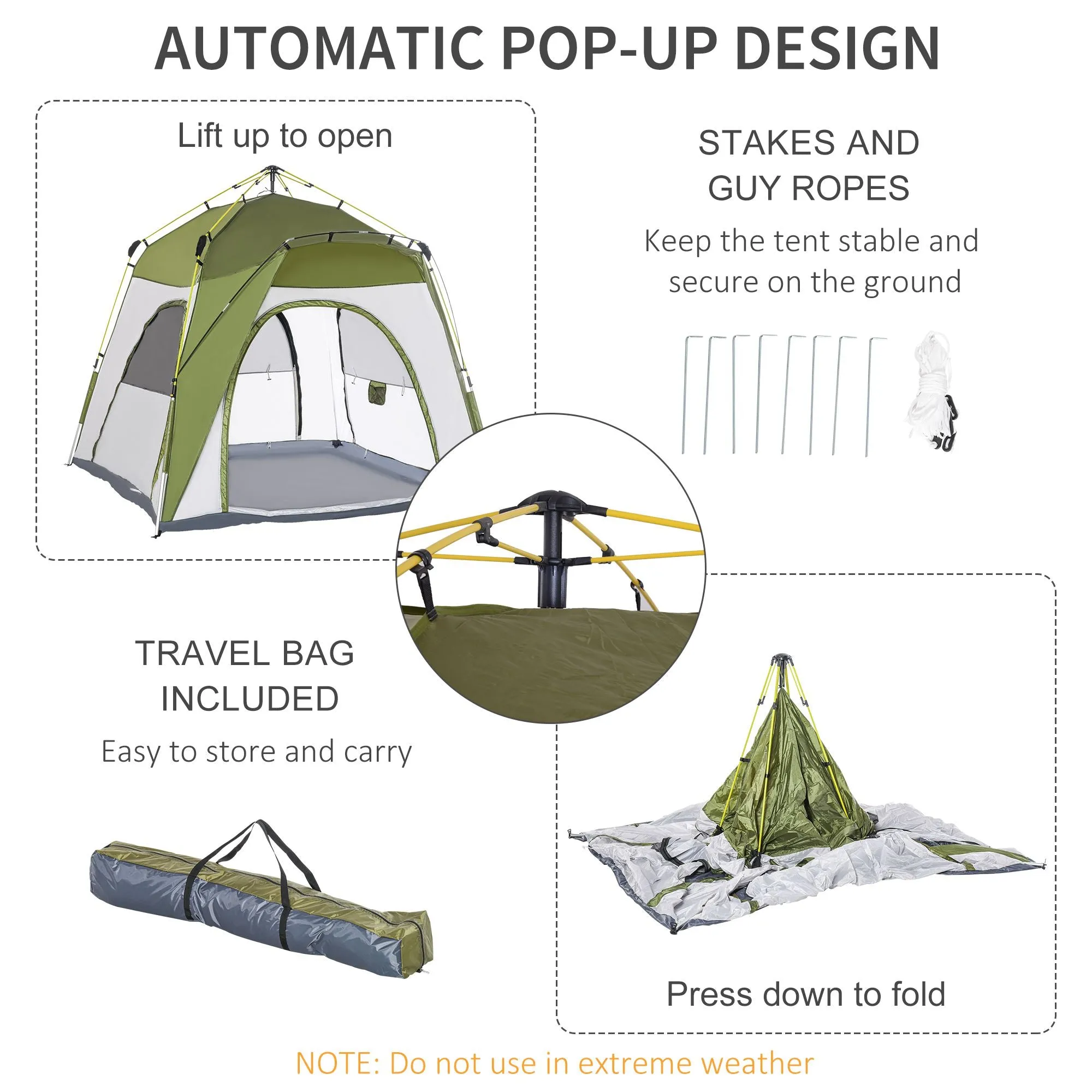 Outsunny Four Man Pop Up Tent Automatic Camping Backpacking Dome Shelter, Green