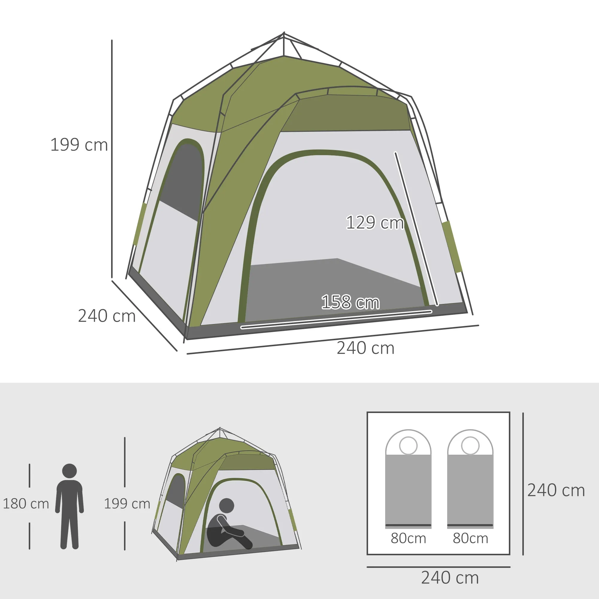 Outsunny Four Man Pop Up Tent Automatic Camping Backpacking Dome Shelter, Green