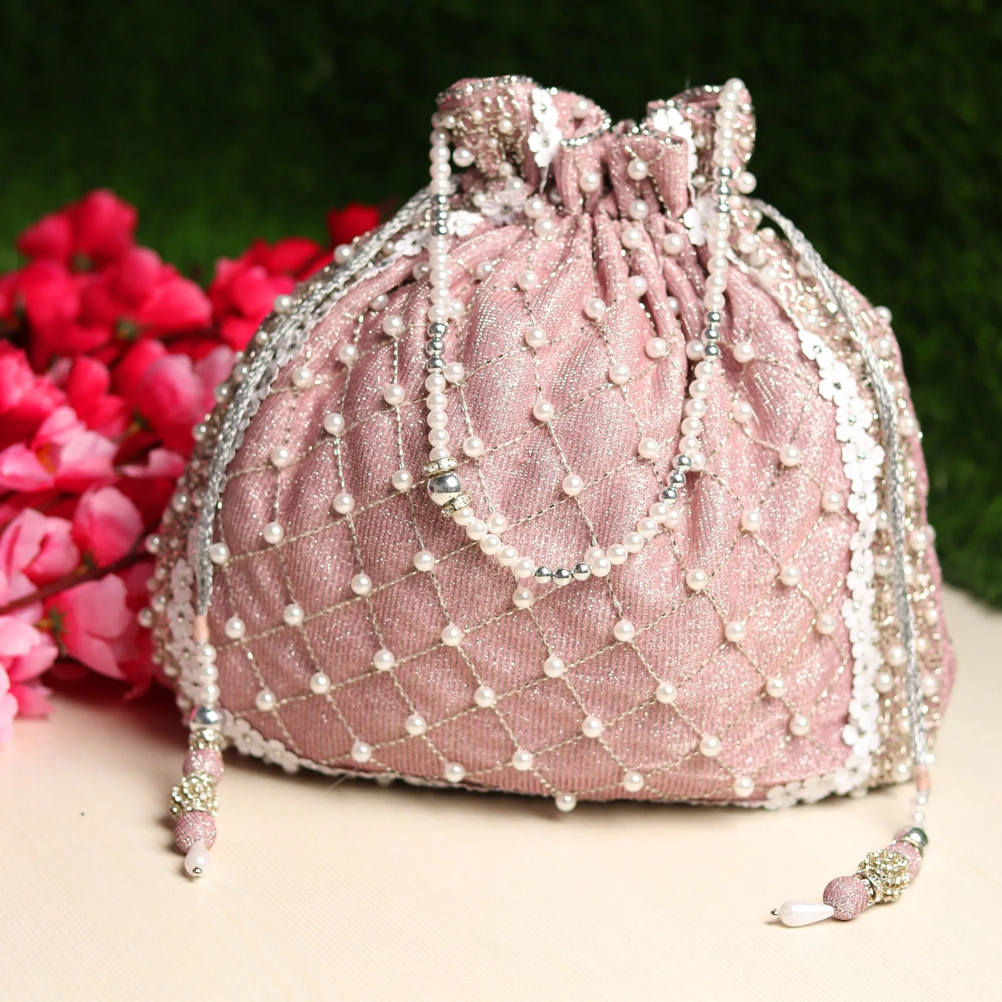 Pink Potli Bag , Shimmer Bag with Pearls, swarovski crystals and white flowers