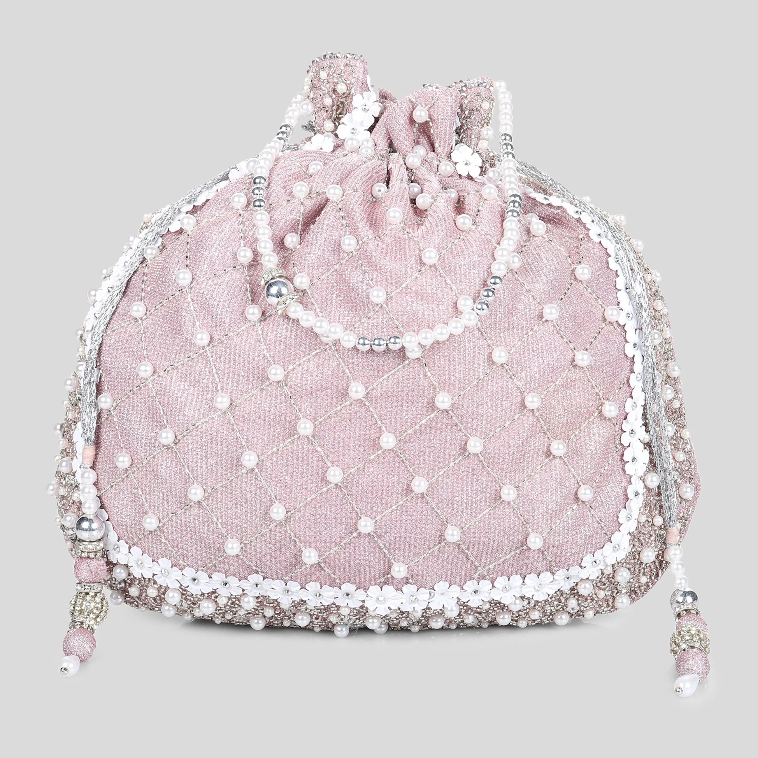 Pink Potli Bag , Shimmer Bag with Pearls, swarovski crystals and white flowers