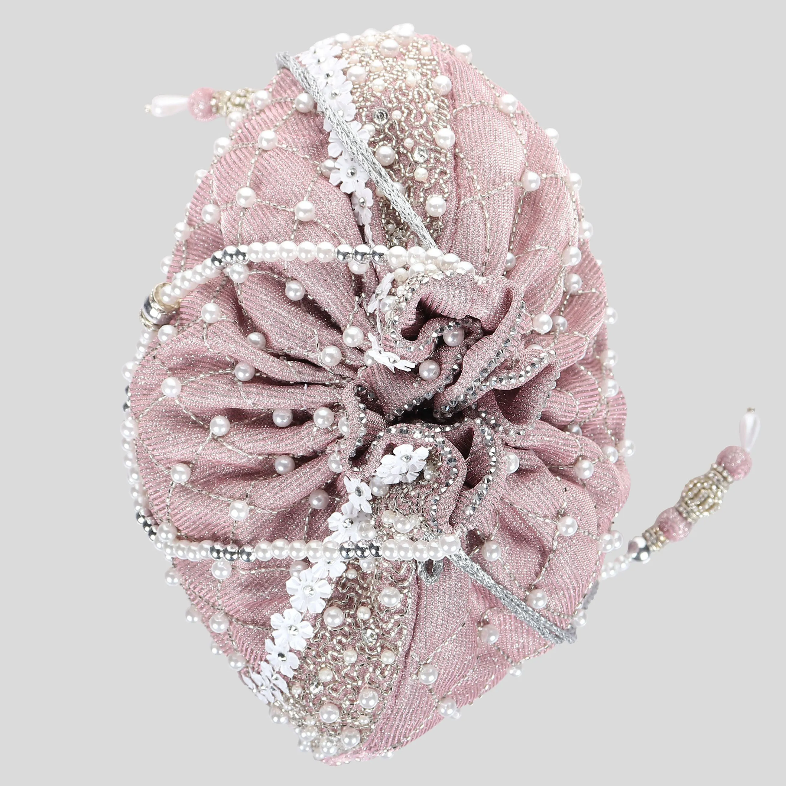 Pink Potli Bag , Shimmer Bag with Pearls, swarovski crystals and white flowers