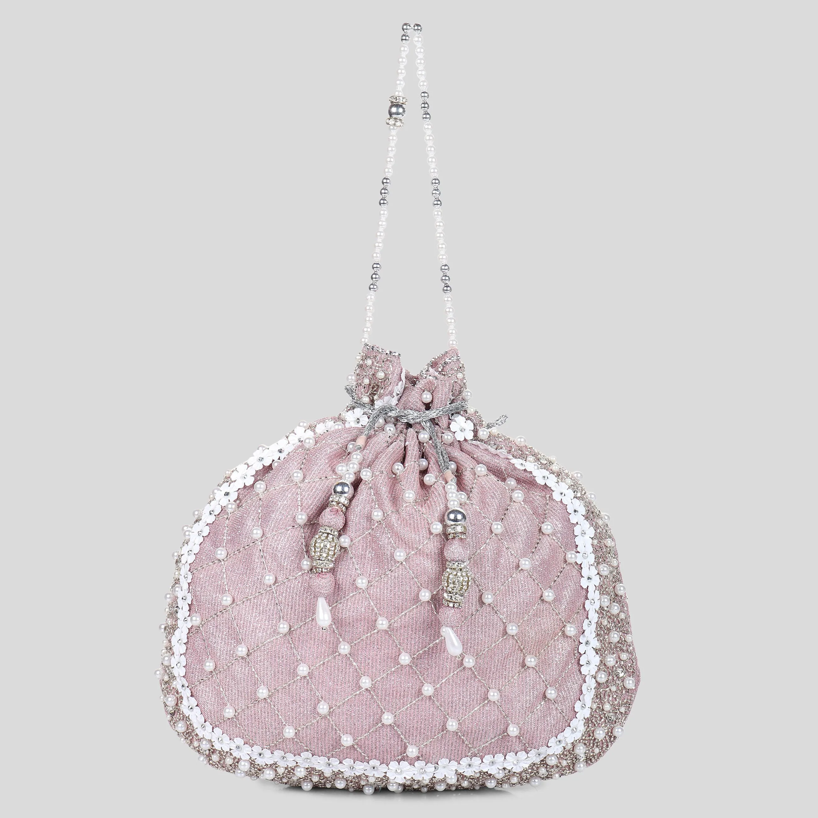 Pink Potli Bag , Shimmer Bag with Pearls, swarovski crystals and white flowers