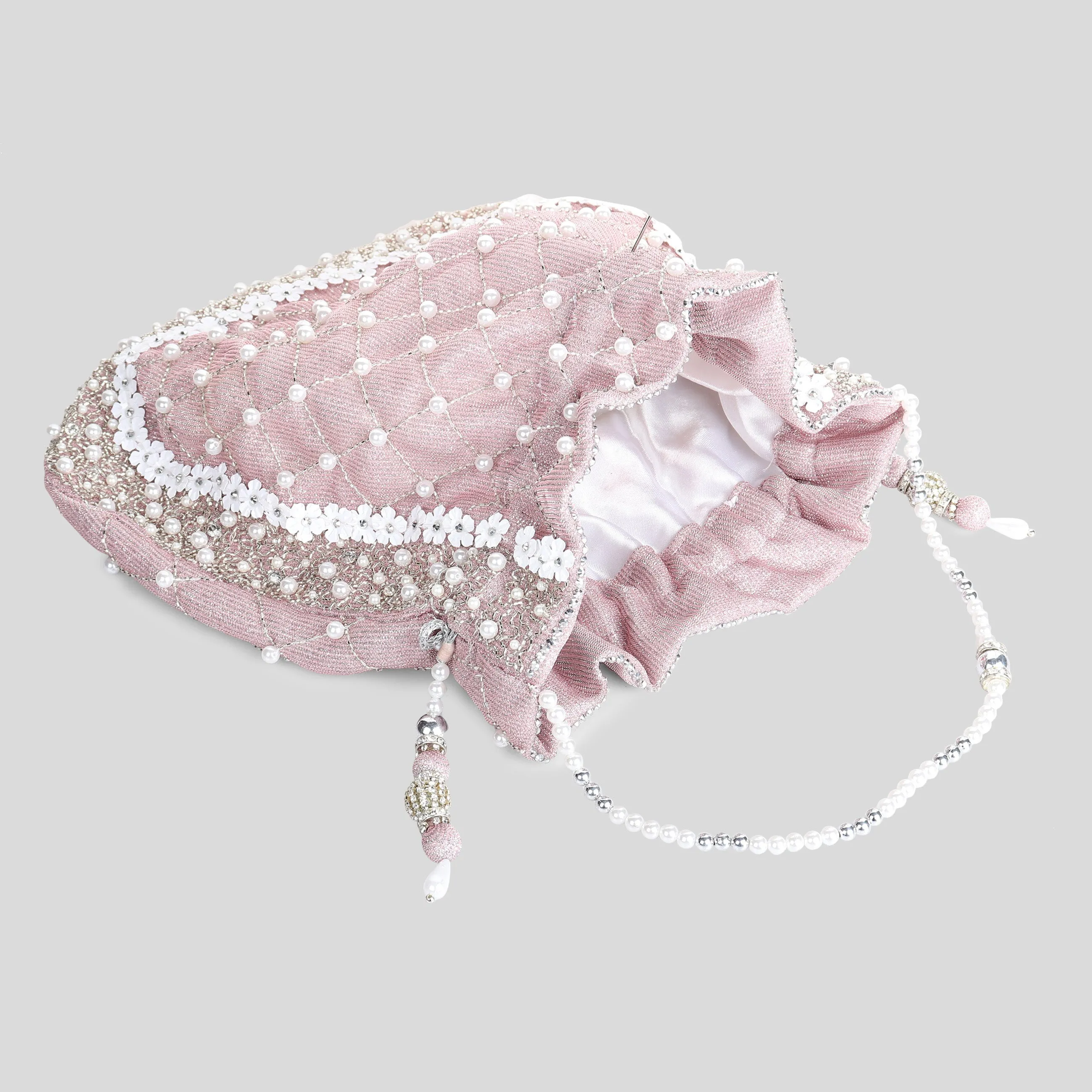 Pink Potli Bag , Shimmer Bag with Pearls, swarovski crystals and white flowers