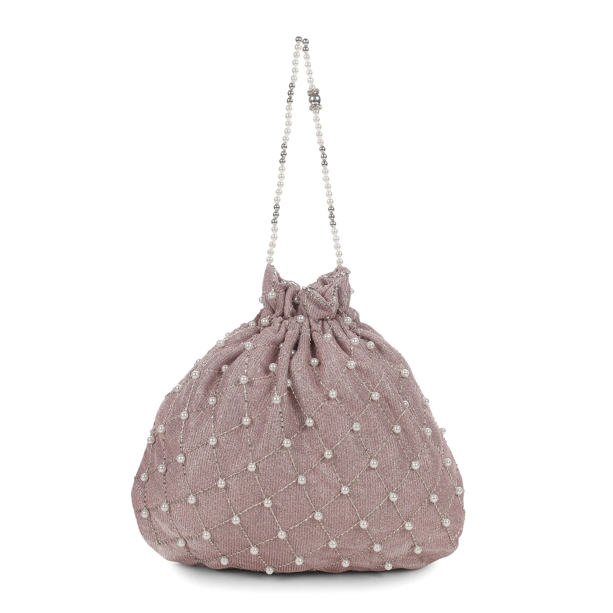 Pink Potli Bag , Shimmer Bag with Pearls, swarovski crystals and white flowers