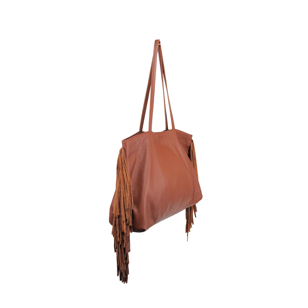 POSITIVE ELEMENTS LEATHER DEL FRINGE TOTE IN BROWN