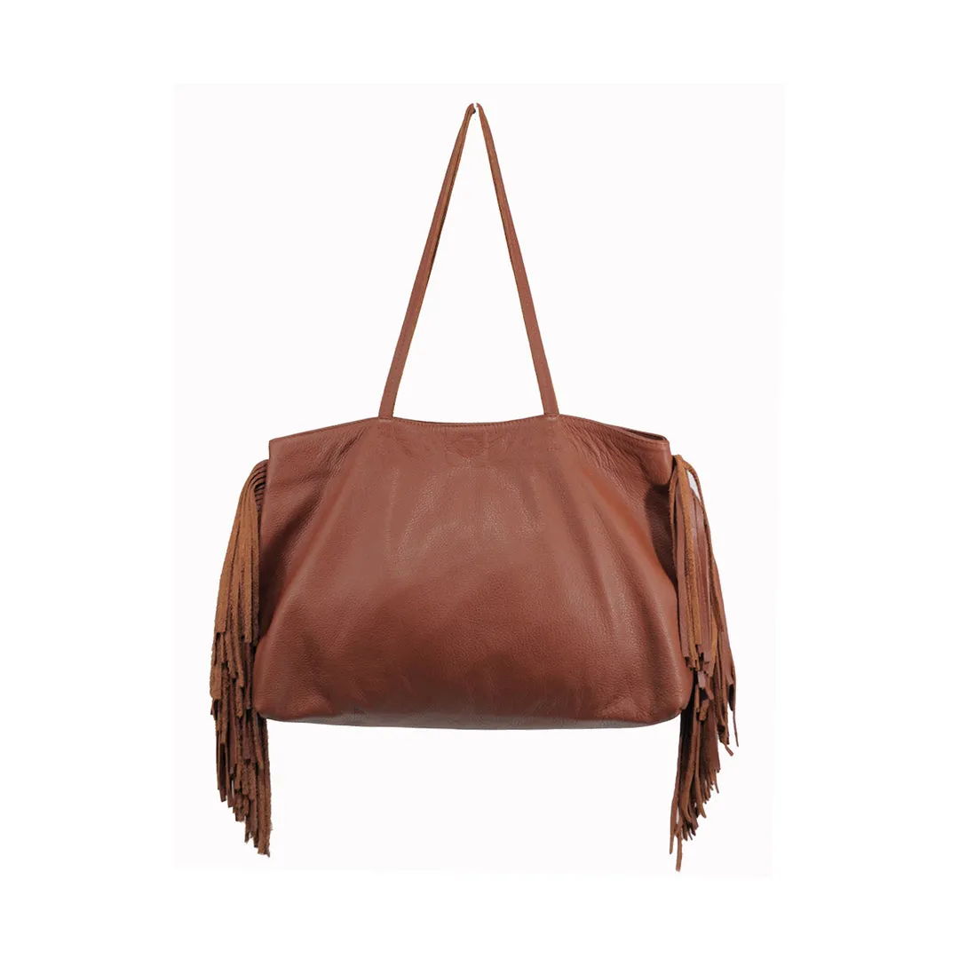 POSITIVE ELEMENTS LEATHER DEL FRINGE TOTE IN BROWN