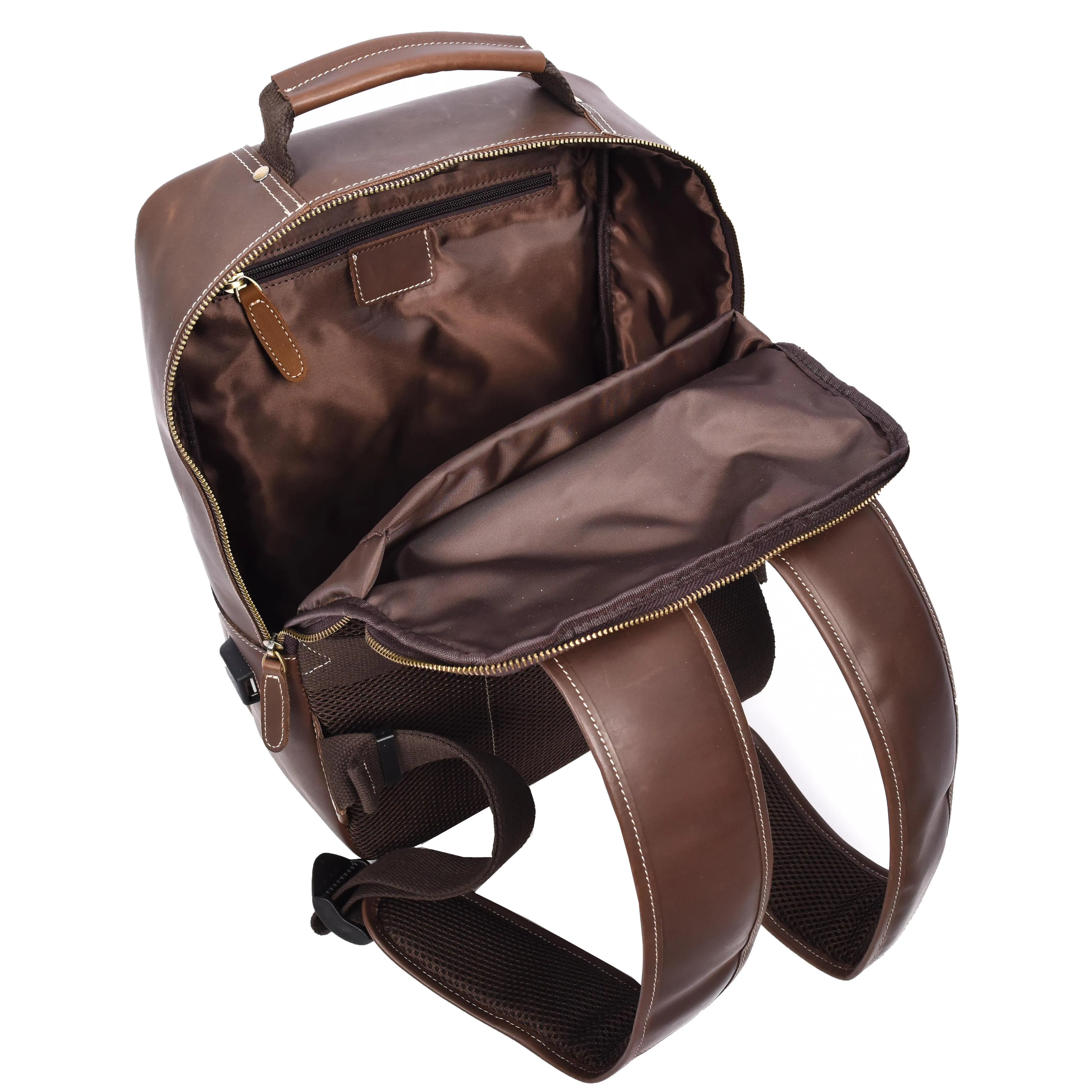 Real Leather Backpack Laptop USB Port Multiple Pockets Rucksack A176 Brown Hunter