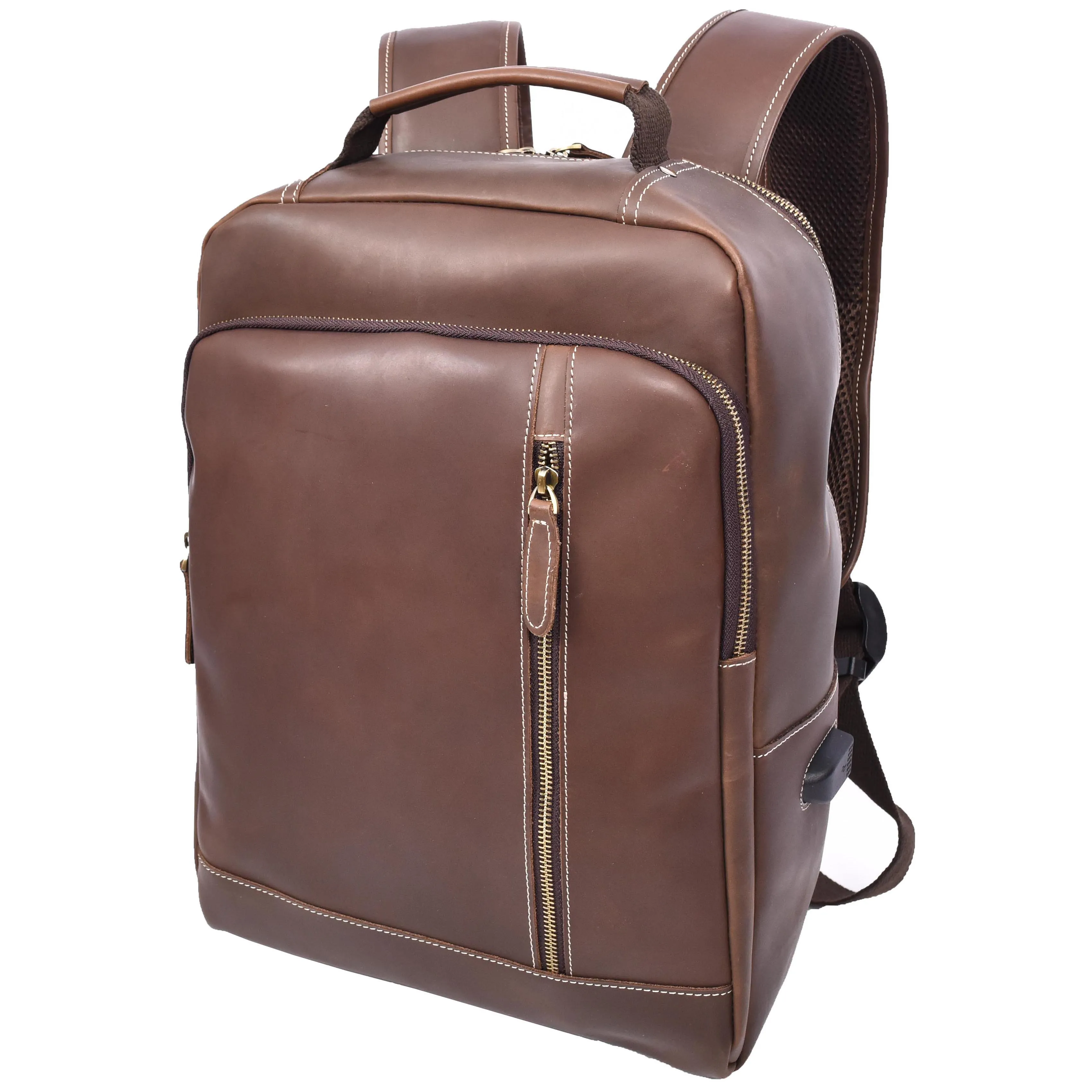 Real Leather Backpack Laptop USB Port Multiple Pockets Rucksack A176 Brown Hunter