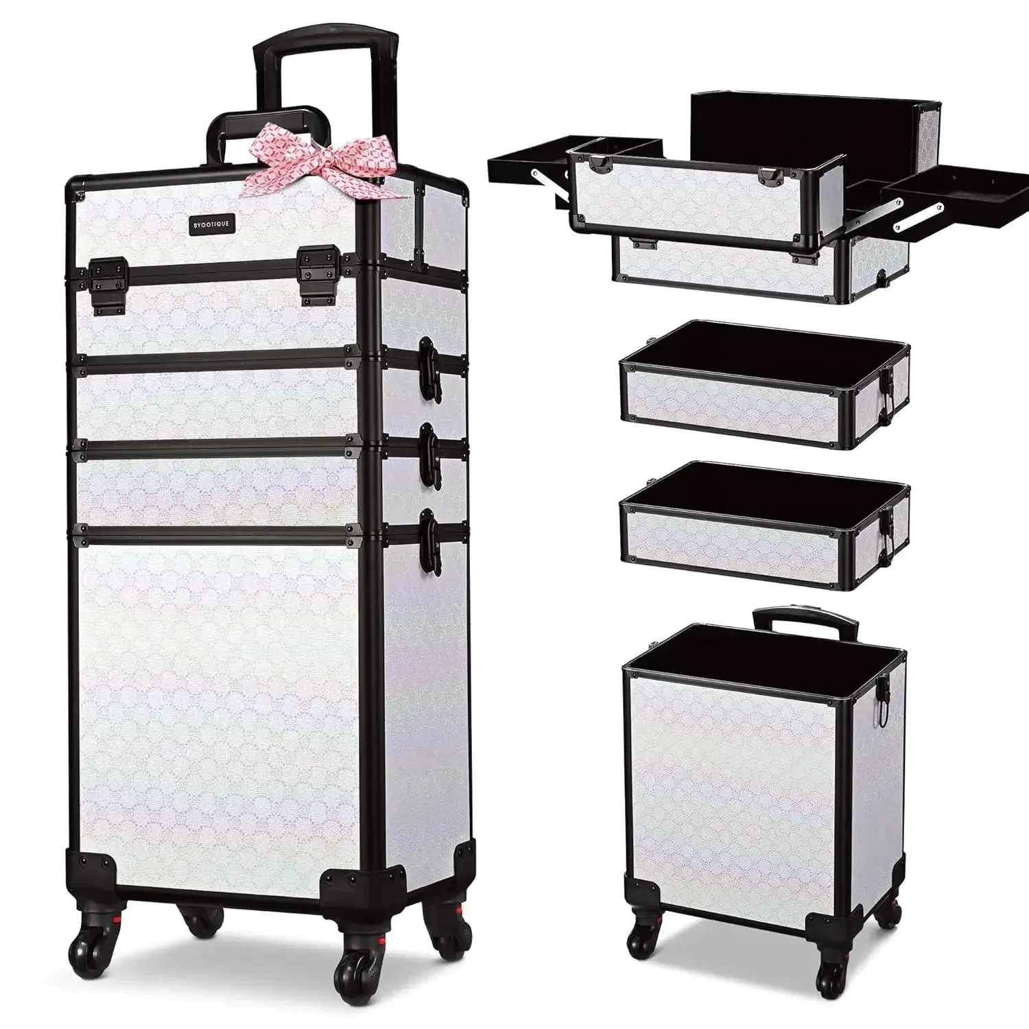 Rolling Makeup Train Case 4in1 Cosmetic Trolley Organizer Travel Case Lockable Barber Case Traveling Cart Trunk with Wheels