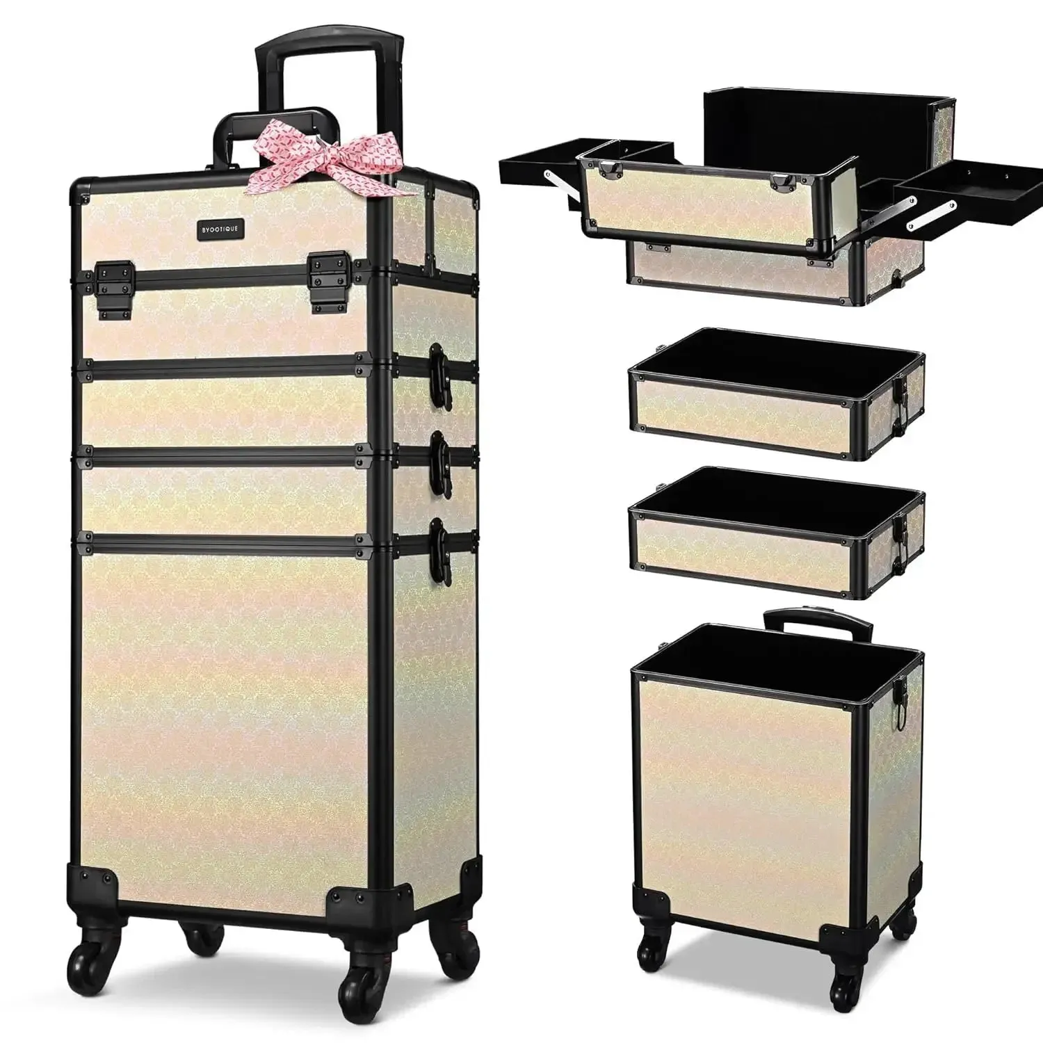 Rolling Makeup Train Case 4in1 Cosmetic Trolley Organizer Travel Case Lockable Barber Case Traveling Cart Trunk with Wheels