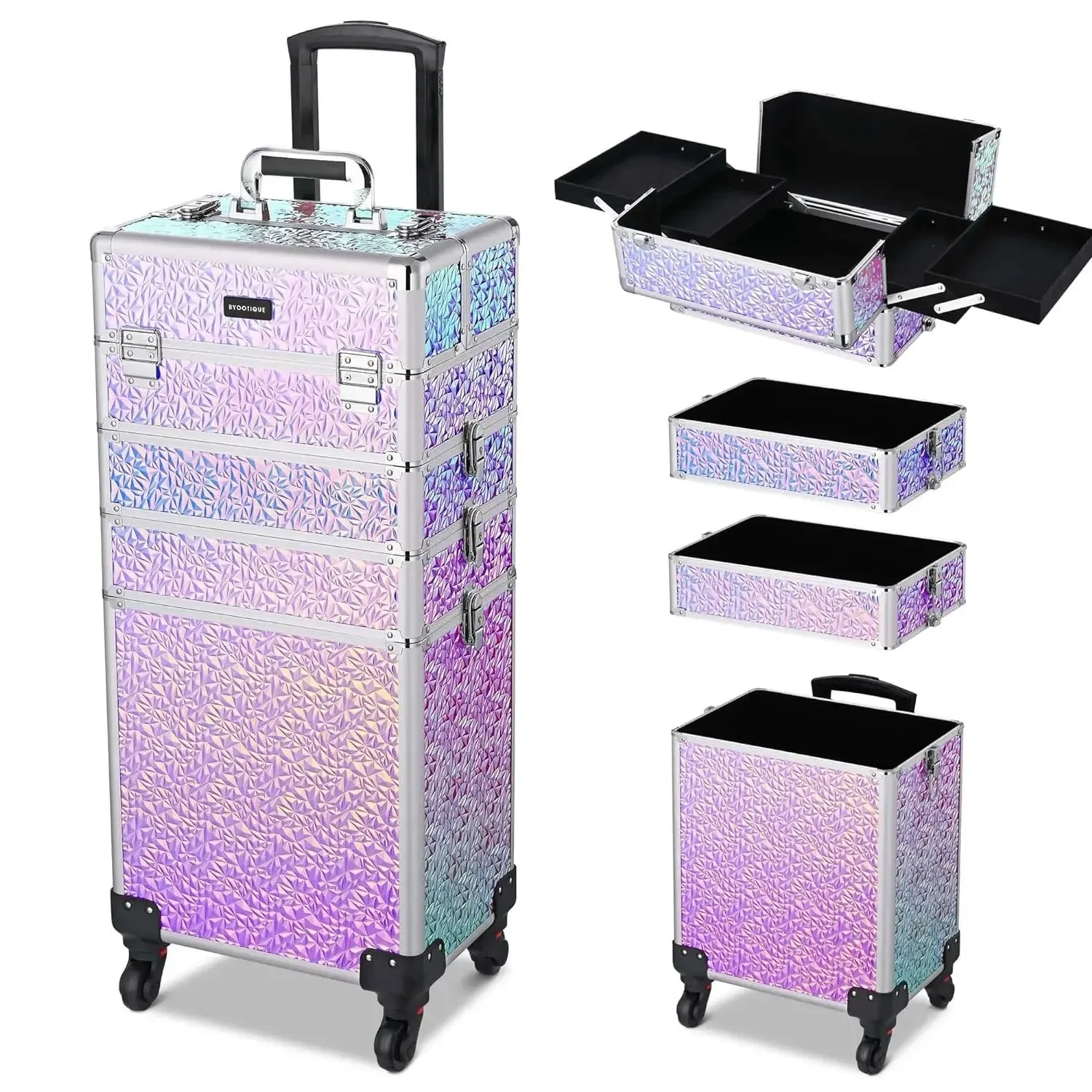 Rolling Makeup Train Case 4in1 Cosmetic Trolley Organizer Travel Case Lockable Barber Case Traveling Cart Trunk with Wheels