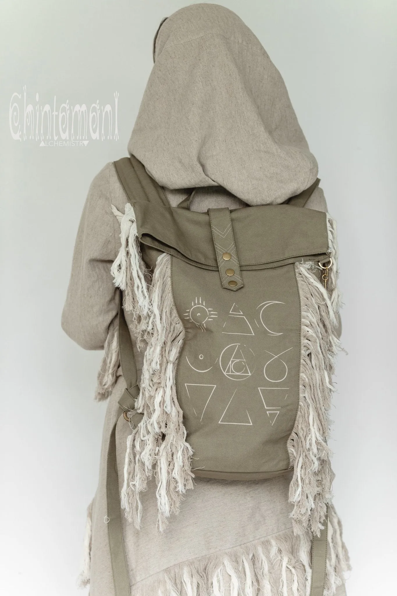 Rolltop Boho Canvas Backpack for Women with Linen Fringes ∆ Rolltop Laptop Backpack / Army Green