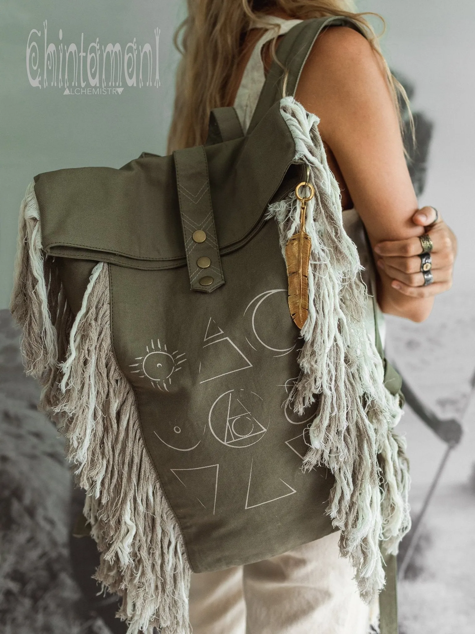 Rolltop Boho Canvas Backpack for Women with Linen Fringes ∆ Rolltop Laptop Backpack / Army Green