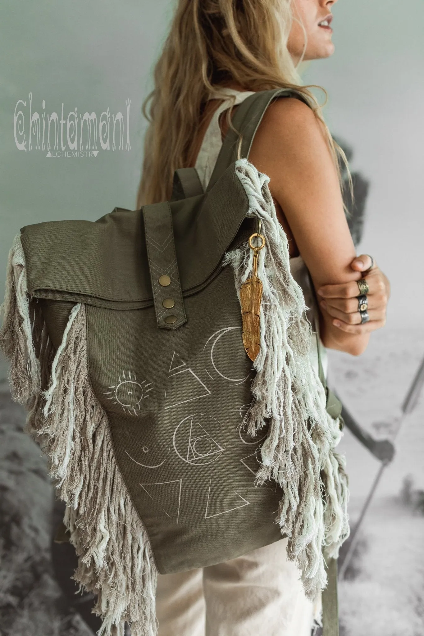 Rolltop Boho Canvas Backpack for Women with Linen Fringes ∆ Rolltop Laptop Backpack / Army Green