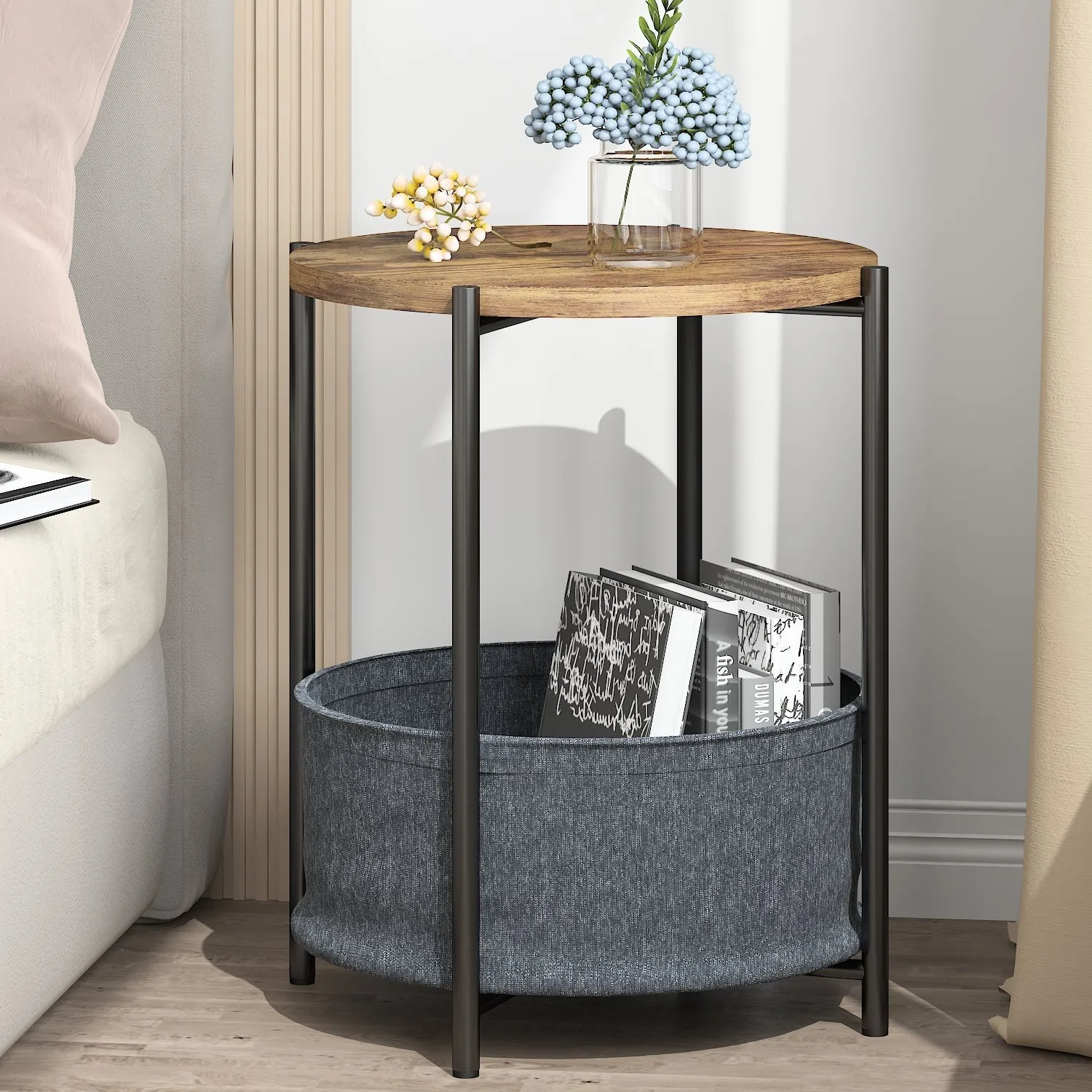 Round Side Table with Fabric Storage Basket, Industrial End Table, Bedside Table, Coffee Table with Metal Frame